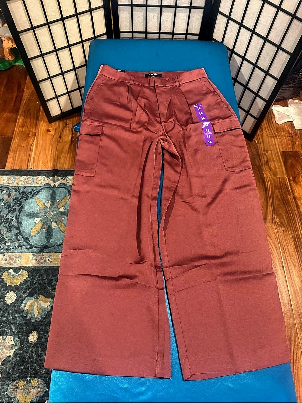 DKNY Satin Cargo Pant Women's Straight Leg Cargo Pants Red Size 14 NWT (G3)